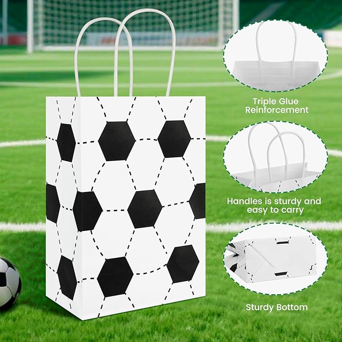 Ethanberg 20Pcs White Soccer Party Favor Bags with Handles, Sports Themed Kraft Paper Gift Bags Candy Snack Bag, Goodie Bag for Sport Team Ball Events Theme Birthday Party Supplies