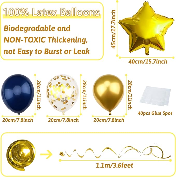 Navy Blue and Gold Happy Birthday Decorations with Banner, Paper Pompoms for Boys, Girls, Men, Women - Party Decorations Supplies