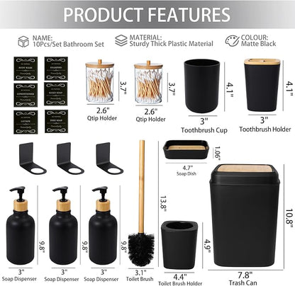 XLHOMO Black and Wood Bathroom Accessories Set 19Pcs, Bathroom Set with Trash Can and Toilet Brush, 3PCS Drill Free 17oz Soap Dispenser Wall Mounted, Toothbrush Holder and Cup, Soap Dish, Qtip Holder
