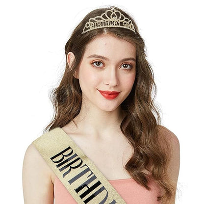 CIEHER Birthday Girl Sash and Birthday Crown Gold Birthday Tiara for Women Birthday Girl Headband Princess Crown Gold Birthday Decorations Birthday Crown and Sash Rhinestone Happy Birthday Accessories