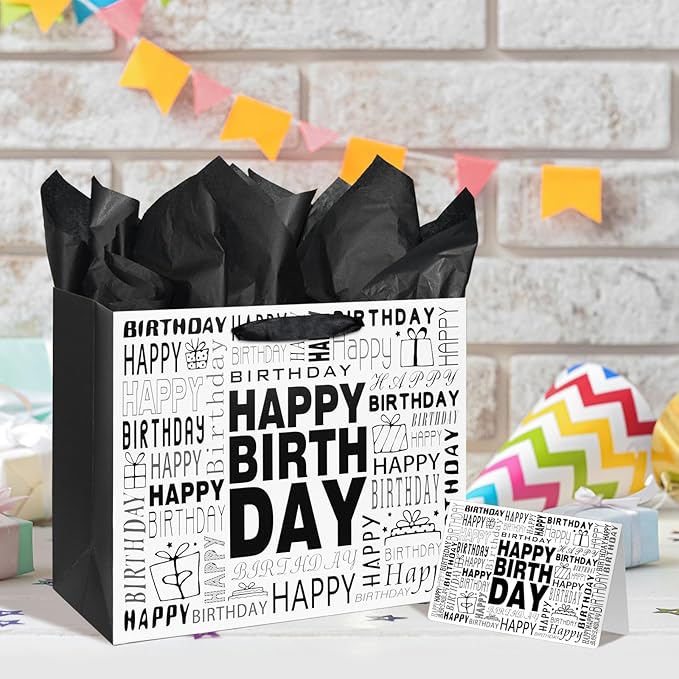 Laidans 13" Large Black and White Happy Birthday Gift Bag with Tissue Paper and Card for Men Women Birthday (Large)