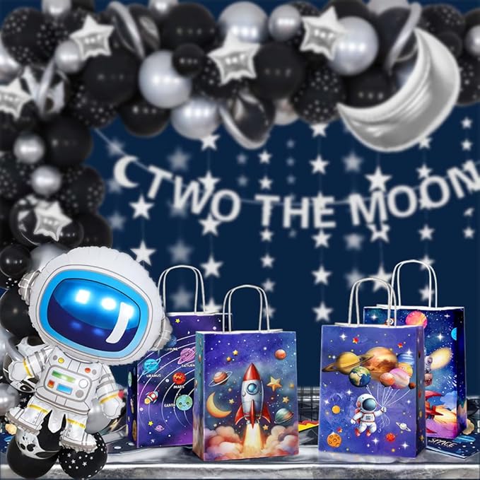 24 Pcs Astronaut Party Favor Bags with Handles - Space Galaxy Themed Solar Eclipse Goodie Gift Candy Kraft Paper Bags for Kids Birthday Party Supplies Decorations