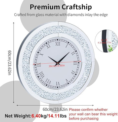 Crushed Diamond Wall Clock Round Decorative Mirrored Clock 24 inch Silver