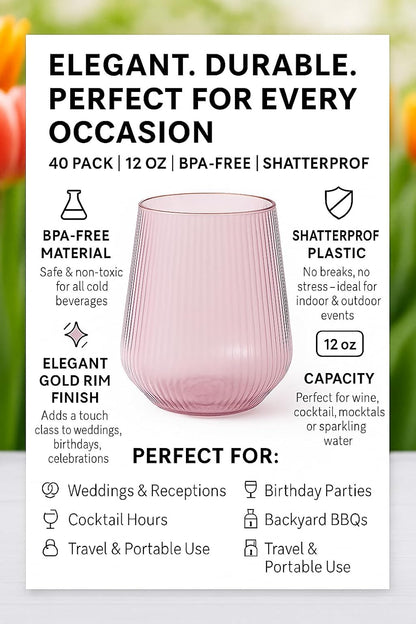 40 count Origami Ripple Unbreakable Stemless Plastic Wine Champagne Whiskey Glasses Elegant Durable Disposable Indoor Outdoor Ideal for Home, Bars, Wedding, Ribbed 12 Ounce Cups (Pink)