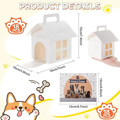 LOVYNO 18 Pcs Dog Party Favor Boxes with Pet Adoption Certificate, Dog House Shape Treat Gift Boxes with Holes, Adopt A Puppy Party Supply Boxes for Pet Adoption Theme DIY Crafting Party