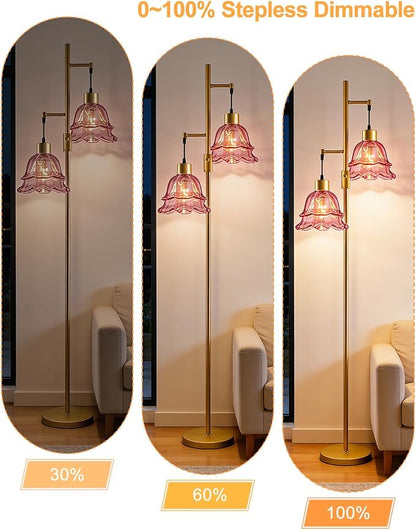 2-Light Modern Glass Floor Lamp, Gold Tall Standing Lamp with Deep Red Tulip Glass Shade for Reading, Dimmable LED Floor Lamp with 5Lbs Heavy Base for Living Room Bedroom Home Decor, Bulb Included