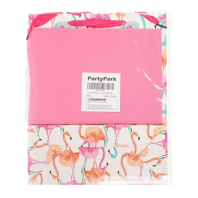 Bobobag 13" Large Gift Bag with Tissue Paper for Birthday gift bags, Wedding bags,Retail bag (Flamingo)