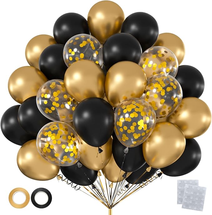 60pcs Black & Gold Balloon Kit, 12 Inch Metallic Gold & Black Gold Confetti Balloons for Graduation 2026 Men’s Milestone Birthday New Year’s Eve Party Decorations (with Ribbons & Glues)