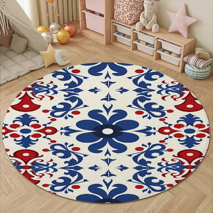 Vintage Blue Flowers Washable Round Rugs Oriental Tribal Floral Circle Rugs for Living Room Entryway Round Area Rug Soft Non Slip Nursery Carpet for Bedroom Dining Coffee Table 7ft
