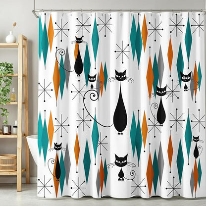 Mid Century Modern Cat Shower Curtain,Abstract Atomic Starburst Geometric Diamond Pattern Shower Curtains Set for Bathroom Fabric Decorative Bath Curtain Washable Curtain Hooks, 72x72”