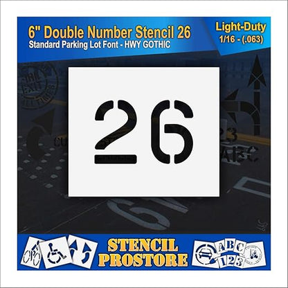 Pavement, Curb, and WheelStop Stencils - 6 inch Double Number Stencil - (26) - 6" x 9" x 1/16" (63 mil) - Light-Duty