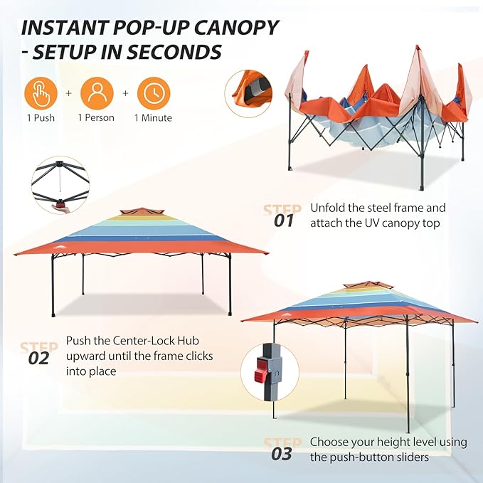 EAGLE PEAK 13x13 Straight Leg Pop Up Canopy Tent Instant Outdoor Canopy Easy Single Person Set up Folding Shelter w/Auto Extending Eaves 169 Square Feet of Shade (Retro Stripe Multi)