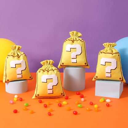 RICHNESS Question Mark Candy Bags -16 PCS Satin Drawstring Goodie Bags for Kids, Reusable Yellow Question Mark Party Favor Bags for Birthday, Retro Video Game Treat Pouches for Pinata Fillers Classroom Rewards
