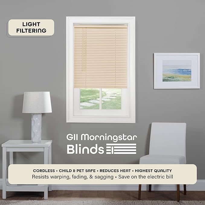Cordless Light Filtering Mini Blind - 54 Inch Width, 64 Inch Length, 1" Slat Size - Alabaster - Cordless GII Morningstar Horizontal Windows Blinds for Interior by Achim Home Decor