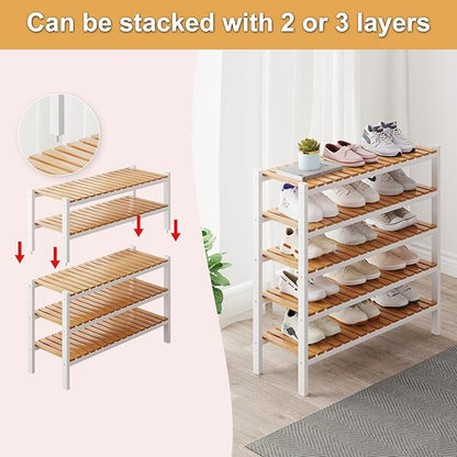 Bamboo Shoe Rack Organizer for Closet and Entryway-Space-Saving Narrow Shoe Stand-Versatile Shoe Holder for Door or Closet Shelf,Garage Bedroom can Freely Stack DIY Small Shoe Racks 2Tier Mixed color