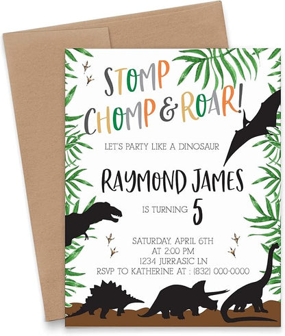 Modern Pink Paper Dinosaur Birthday Invitation for Boys, Dinosaur Invitations for Kids Party, Your choice of Quantity, Age, Info and Envelope Color