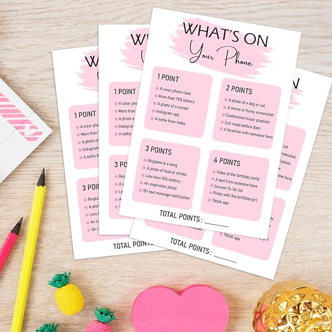Birthday Party - What's On Your Phone, Birthday Party Activity Favor, Set of 20 Cards, Birthdays Supplies, Activity, Decorations -B02
