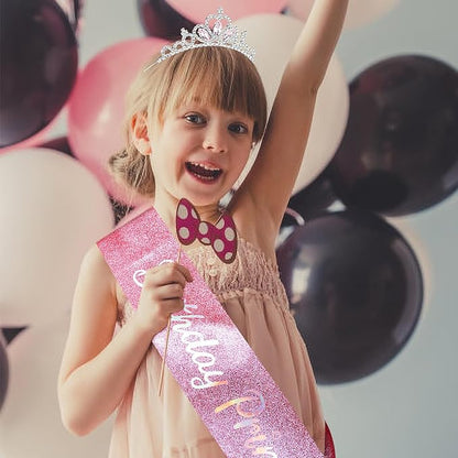 COCIDE Princess Sash and Tiara Set for Girls and Women - Happy Birthday Party Accessories Kit with Pink Crown, Crystal Rhinestone Tiara, Glitter Sash Decorations