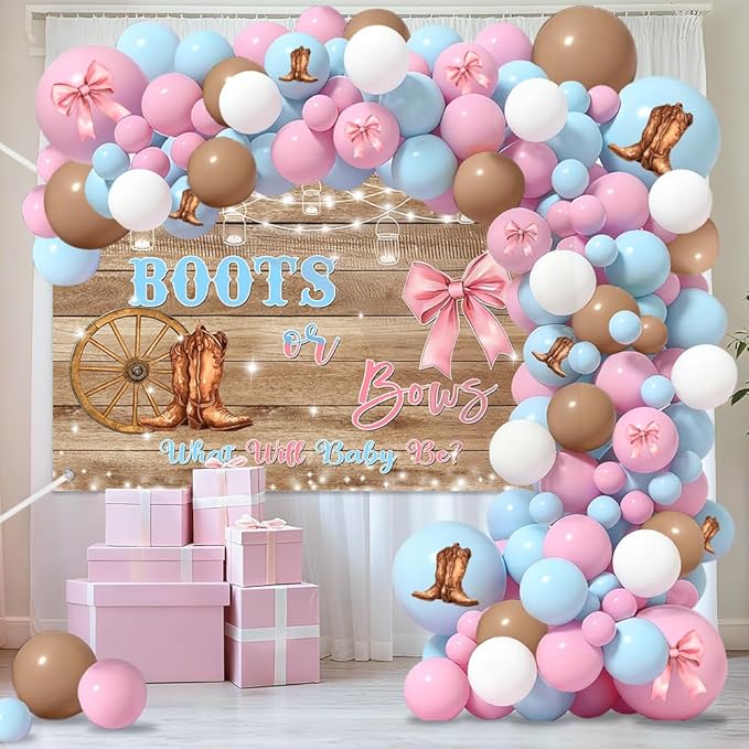 MEHOFOND Boots or Bows Gender Reveal Decorations Kit, 116Pcs Pink and Blue Balloon Arch Set with Rustic Western Backdrop and Tablecloth, What Will Baby Be Cowgirl Cowboy Gender Reveal Party Supplies