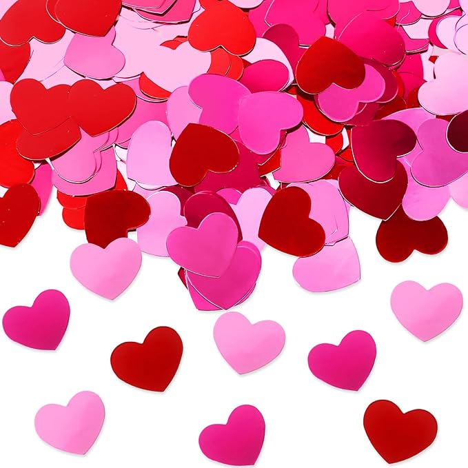 Whaline 300Pcs Heart Confetti Valentine's Day Table Decoration Gliiter Pink Red Heart Shaped Metallic Foil Scatter Table Centerpiece for Wedding Anniversary Party Decoration