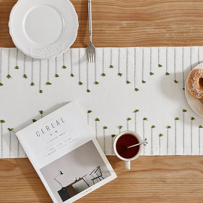Wracra Boho Table Runner, Natural Cotton Woven Macrame Table Runners 36 Inches Long for Modern Farmhouse Woven Home Decor, 14x36 Inch, Green