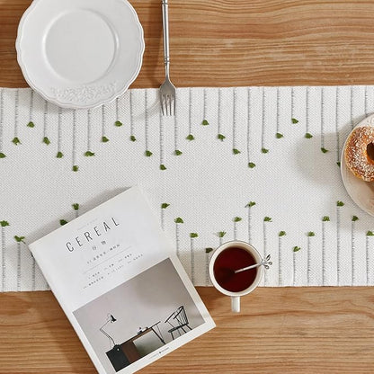 Wracra Boho Table Runner, Natural Cotton Woven Macrame Table Runners 36 Inches Long for Modern Farmhouse Woven Home Decor, 14x36 Inch, Green
