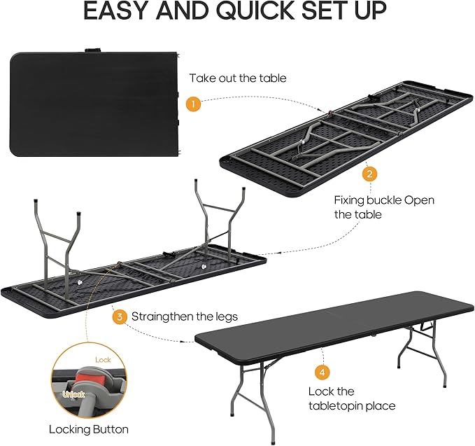 8Ft Foldable Table Portable Plastic Folding Table with Safety Locks, Lightweight & Durable for Parties, Dining, Weddings, Events, Picnics,Indoor & Outdoor Use (Black, 8FT)