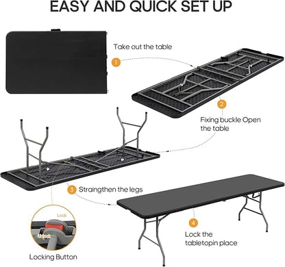 8Ft Foldable Table Portable Plastic Folding Table with Safety Locks, Lightweight & Durable for Parties, Dining, Weddings, Events, Picnics,Indoor & Outdoor Use (Black, 8FT)