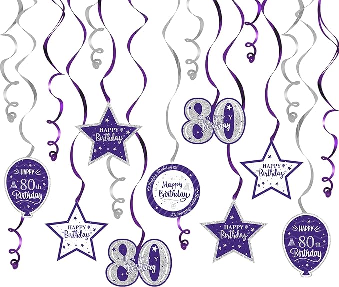 Happy 80th Birthday Purple & Silver Glitter Swirls Streamers Party Decorations - 15 Pcs 80th Birthday Hanging Swirls Streamers Kit,Cheers to Eighty Years Old Bday Party Sign.