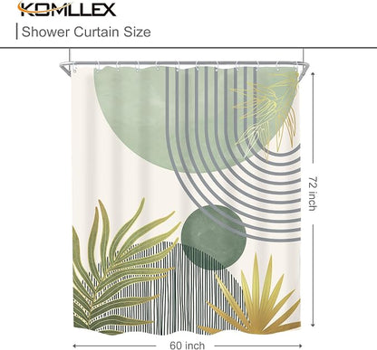 KOMLLEX Mid Century Mint Green Boho Shower Curtain 60Wx72L Inches Abstract Modern Shower Curtains for Bathroom Decor Plant Botanical Minimalist Arch Sun Fabric Liner Waterproof Polyester 12 Pack Hooks