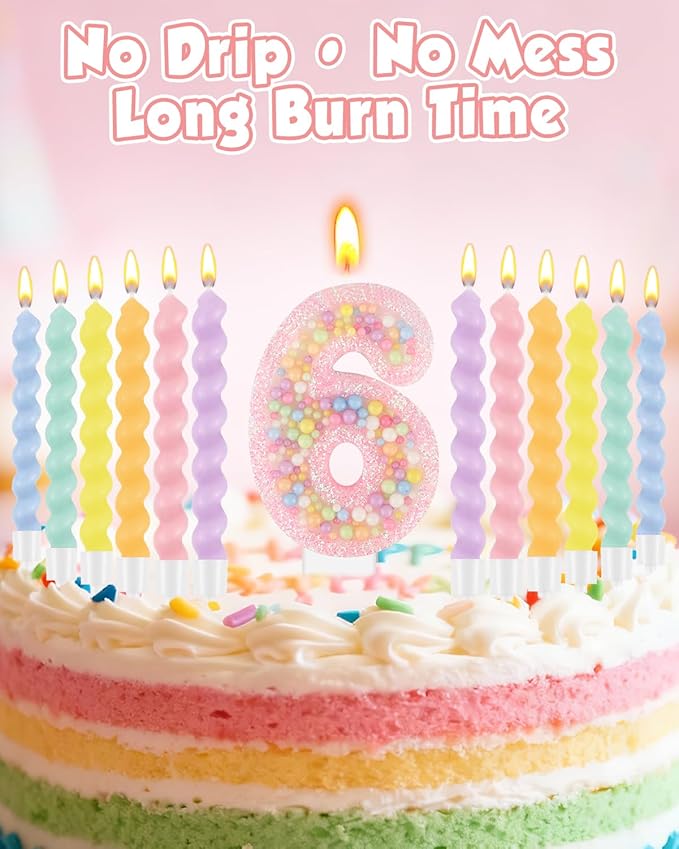 Birthday Candles for Cake, Macaron Number Candles, Cake Candles with Greeting Card for Birthday Party Wedding Anniversary Celebrations (6 Candle)