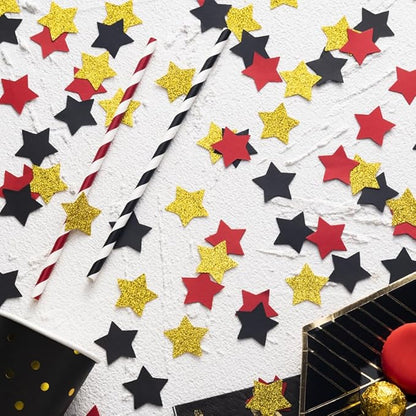 MOWO Gold Black and Red Star Confetti Table Decoration for Birthday Graduation Retirement Theme Party,1.2 inch in Diameter,200 Counts