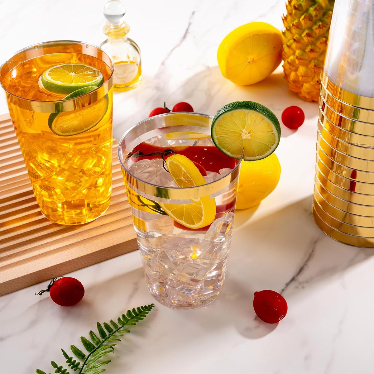 I00000 100 Pack 24 oz Gold Plastic Cups, Elegant Gold Rimmed Plastic Cups, Disposable Cocktail Glasses Wine Glasses, 24 oz Premium Tumblers Perfect for Birthday, Party & Wedding