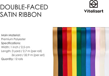 Vitalizart Ribbon for Crafts Rainbow 1" x 36Yd Satin Ribbon Continuous Double Face Gift Wrapping Silk Like Fabric Flower Bouquet Birthday Party Decorations Bridal Shower Wreath Hair 12 Assorted Color