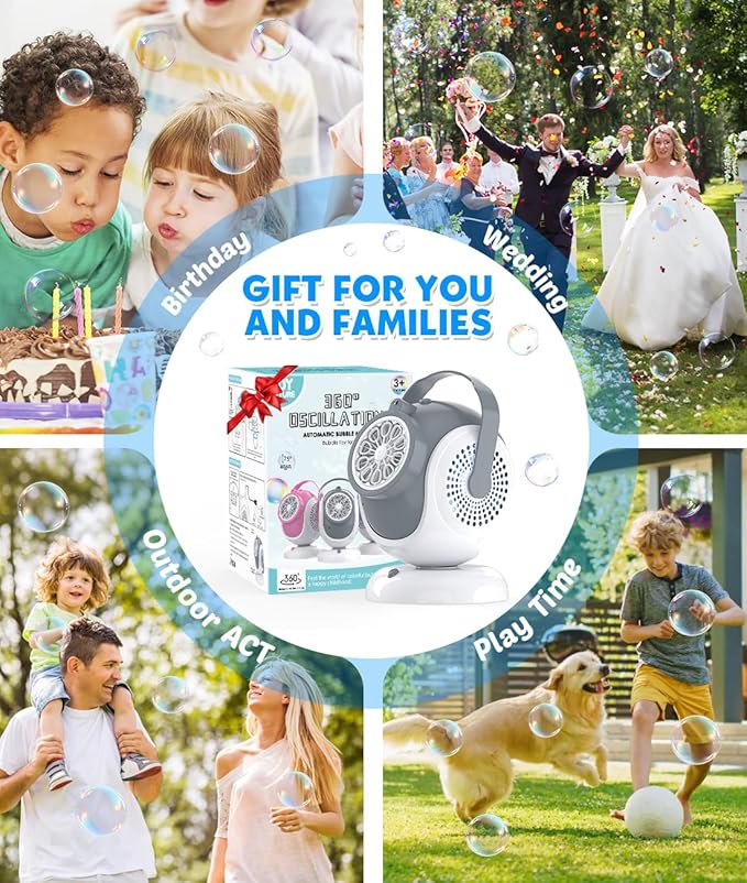 Rechargeable Bubble Machine - Auto 360° Rotation, 75° Tilt Range, 10 Large Wands - Bubbles Blower Maker for Kids, Toddlers, Outdoor Play, Wedding, Birthday, Parties, Gifts Toys for Boys, Girls