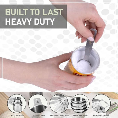 Kaluns Stainless Steel Measuring Cups, Measuring Spoons,16 Piece Measuring Cups and Spoons Set Includes Leveler and Measurements Card, Heavy-duty, Heat and Rust Resistant