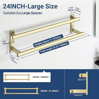 SAYAYO Double Towel Bar for Bathroom, 24 Inch Brushed Gold Bath Towel Rack Towel Holder Wall Mounted, SUS304 Stainless Steel