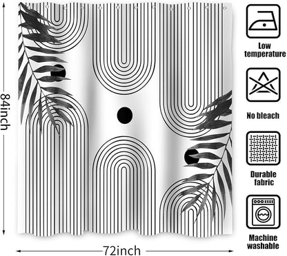 Boho Mid Century Modern Shower Curtain, Abstract Arch Leaf Minimalist Sun Black and White Machine Washable Waterproof Fabric for Bathroom Decor Bathtub with Hooks 72Wx84H