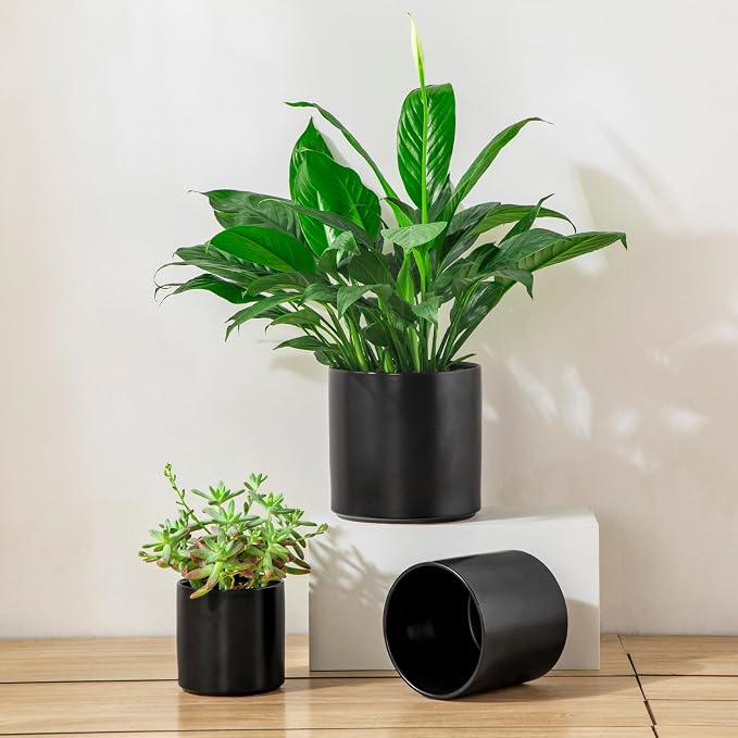 vancasso Ceramic Plant Pots, 4.25+5.25+6.25 Inch Planter Pot with Drainage Hole, Flower Pots for Indoor Outdoor Plants, Set of 3, Black