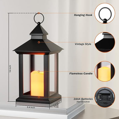 Lanterns Decorative Indoor, 1 Pack Black Decorative Flameless Candle Lanterns with Timer, Vintage 14" Waterproof Hanging Outdoor Lanterns, Battery Operated for Porch, Patio, Wedding Decor