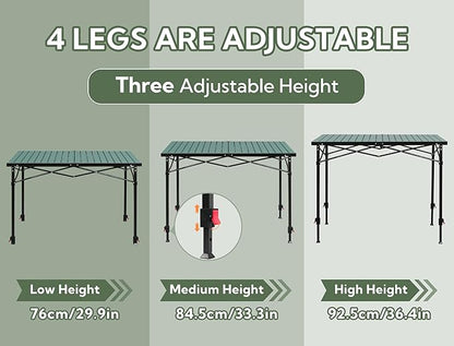 Join Nature Portable Outdoor Adjustable Height Camping Table, Large for 2-6 Person, Foldable Roll-up Aluminum Camp Table with Carry Bag for Picnic, Camp, Sturdy, Stable, Loads 220 Lbs (Green)