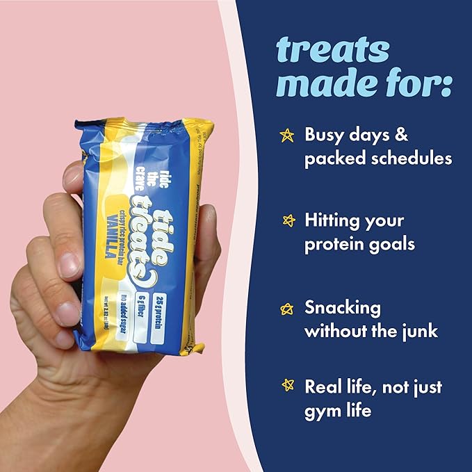 25g Protein Bar Crispy Rice Treat Vanilla | Clean Ingredients, No Added Sugar, 7g Fiber, Gluten Free | High Protein Snack for On-the-Go, Post-Workout or Dessert Cravings | 8 Count | TideTreats
