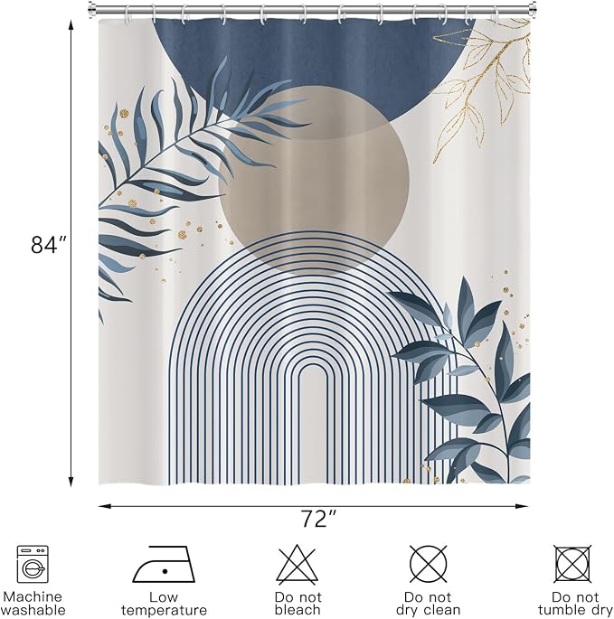 Boho Mid Century Shower Curtain, Navy Blue Modern Minimalist Abstract Geometric Gold Plant Leaves Sun Arch Bathroom Curtains Waterproof Fabric Buthtub Curtain Set with Hooks 72" Wx84 L