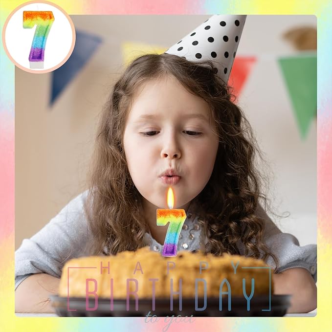 Rainbow Candles for Birthday Cakes, 7 Cake Topper, Rainbow Birthday Party Decorations, 7th Number Candle for Girls Boys (Number 7)