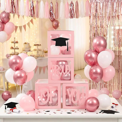 Graduation Decorations 2026,4 Pcs Transparent Balloon Boxes with Letters of GRAD,PROUD OF YOU,Class of 2026 and 130pcs Light Pink Balloons Arch for High School College 2026 Grad Party Supplies