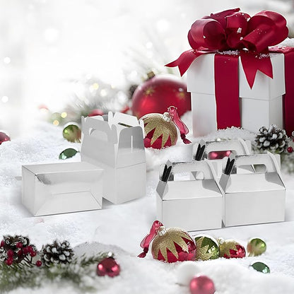 XAGLVV 24 Pack Silver Paper Gable Boxes with Handles, Treat Goodie Party Favor Gift Box for Wedding, Birthday, Baby Shower, Graduation