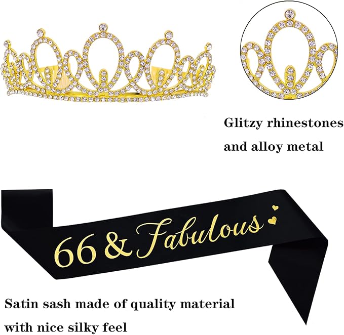 Happy 66th Birthday Tiara and Sash Gifts Crystal Rhinestone Princess Crown Birthday Women Party Favor Supplies Gold Crowns Black Sash