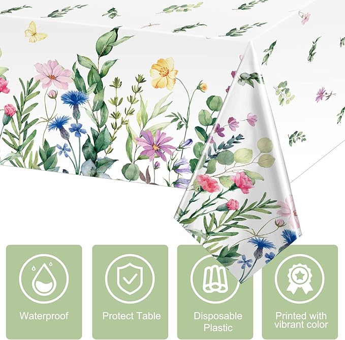 Breling 6 Pieces Wildflower Tablecloths Watercolor Floral Table Cover Wild Flower Plastic Tablecloth for Holiday Birthday Tea Party Weeding Baby Shower Decor, 54 x 108 Inch (Vivid Style)