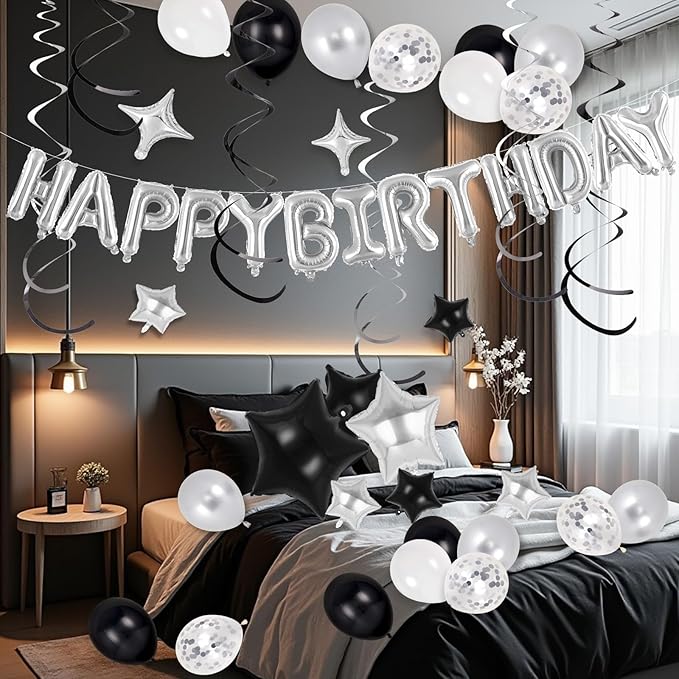 55 Pcs Happy Birthday Balloons Letters Banner with 35 Pcs Star Foil Balloon, 20 Pcs Latex Balloons, 6 Hanging Swirls for Women Men Boys Girls Birthday Party Decorations Set ﻿ (Silver)