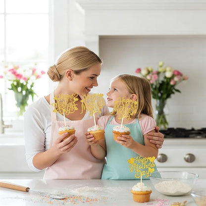 Happy Mothers Day Cake Topper, 24 Pcs Mothers Day Cupcake Toppers, Glitter Gold Happy Mother's Day Cupcake Toppers Food Picks Cake Decoraitons for Birthday Mothers Day Decorations
